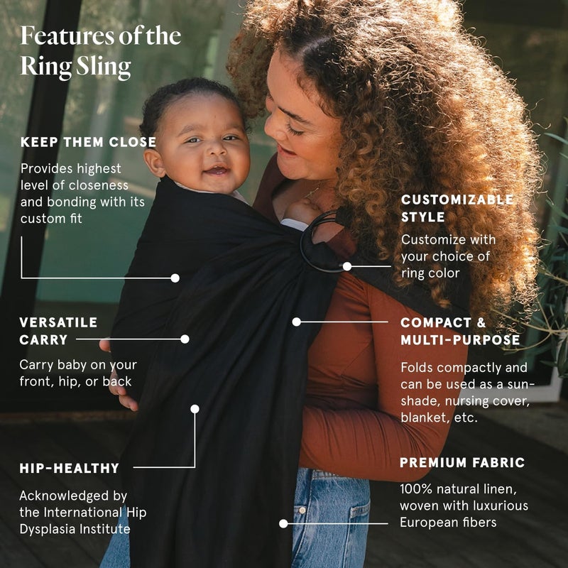 WildBird - Ring Sling Baby Carrier - 0-36 Months (up to 35 lbs) - Standard (74") Raven & Black Ring - Front, Hip or Back Carry - Adjustable Fit - Natural Linen - Baby Essentials - New Mom Gifts - Image 2